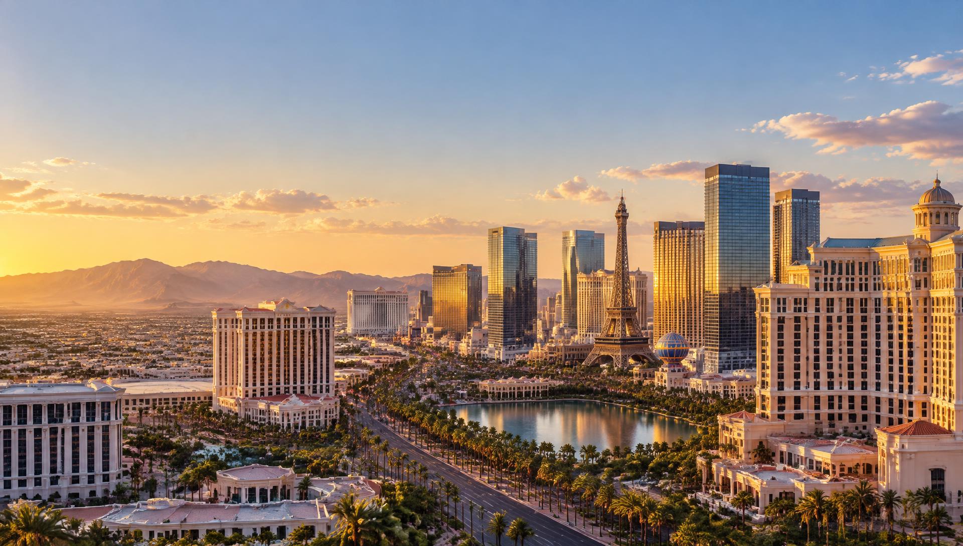 Las Vegas skyline and palm-lined boulevard at golden hour